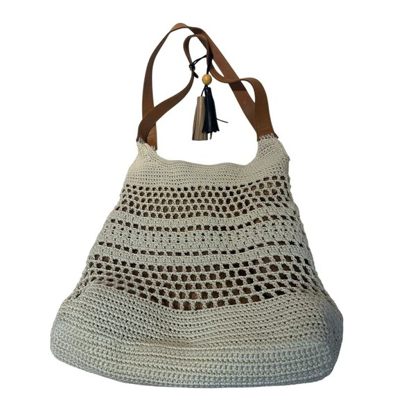 The Sak Beige Crochet Tote Bag With Leather Straps & Tassels Imperfect 14x15 - Picture 1 of 7